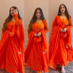 Orange Color Georgette Fabric Wedding Function Wear Anarkali Suit